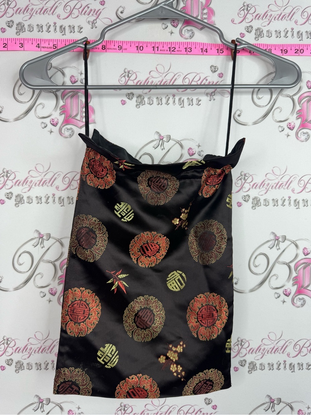 Tie bag Black Satin Mini Bag with Red and Gold Oriental Motif